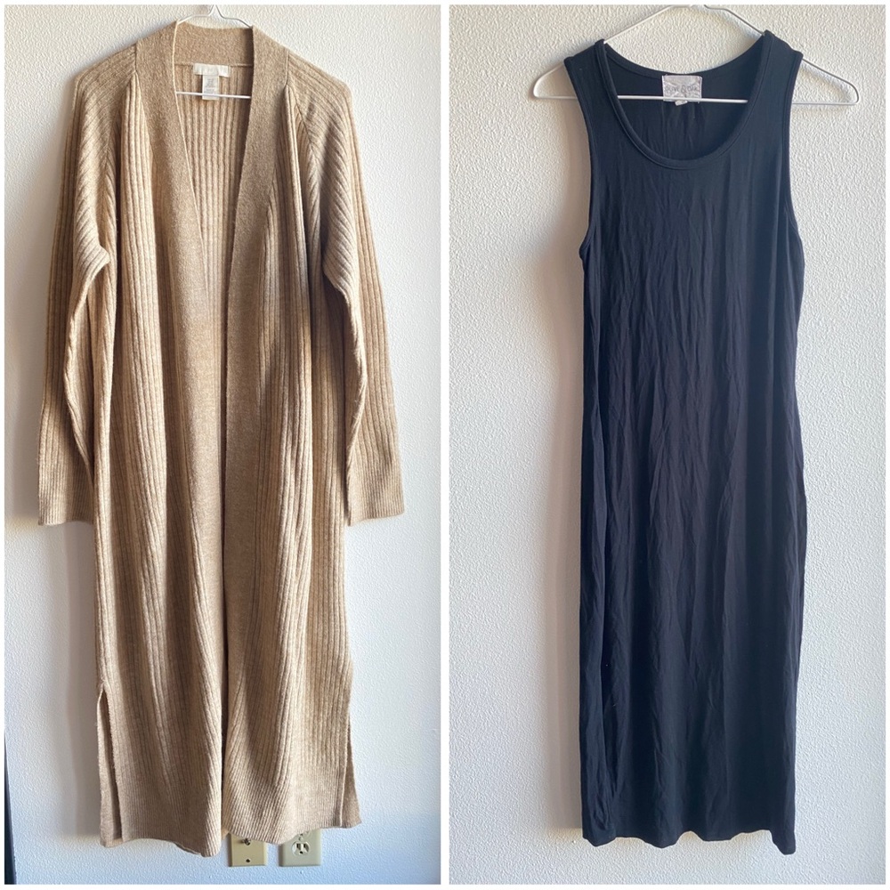 Elegant Black Sleeveless Dress with Tan Cardigan / Olive & Oak, H&M